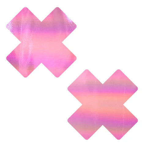 Love Heart Bare Pink Shimmer Holographic X Nipple Pasties - J Valentine Fabric