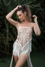 (4 in 1) Cream Laser Cut Mandala Fringe Shawl/Top/Skirt