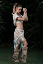 (4 in 1) Cream Laser Cut Mandala Fringe Shawl/Top/Skirt