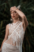 (4 in 1) Cream Laser Cut Mandala Fringe Shawl/Top/Skirt