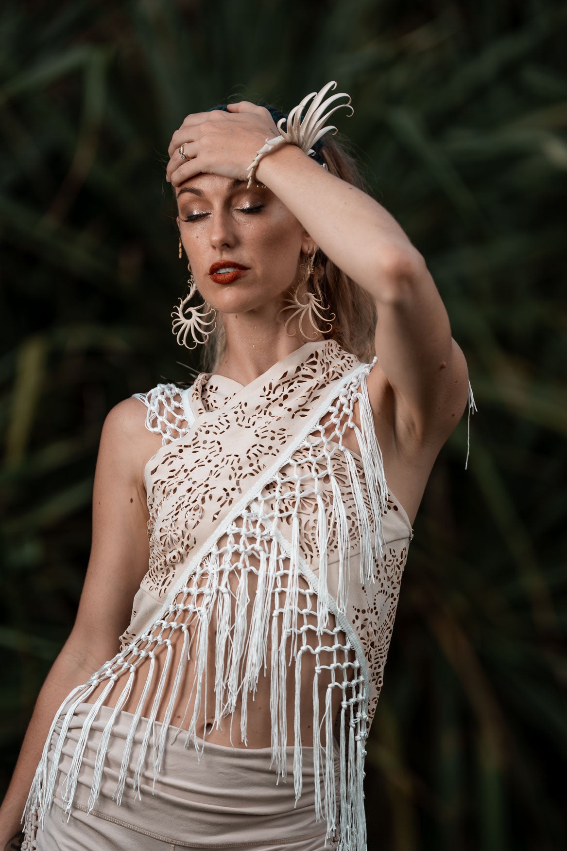 (4 in 1) Cream Laser Cut Mandala Fringe Shawl/Top/Skirt