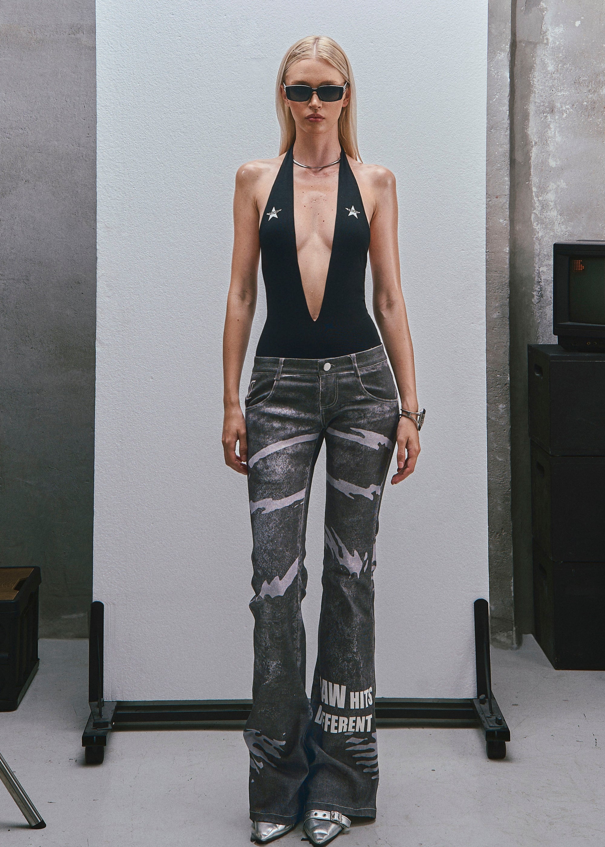 RAW Stars Printed Deep V Neck Bodysuit