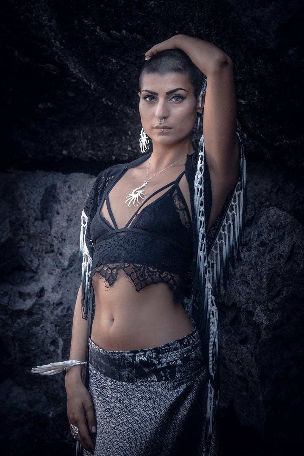 Black Mandala Fringe Shawl, Top & Skirt (3 in 1)