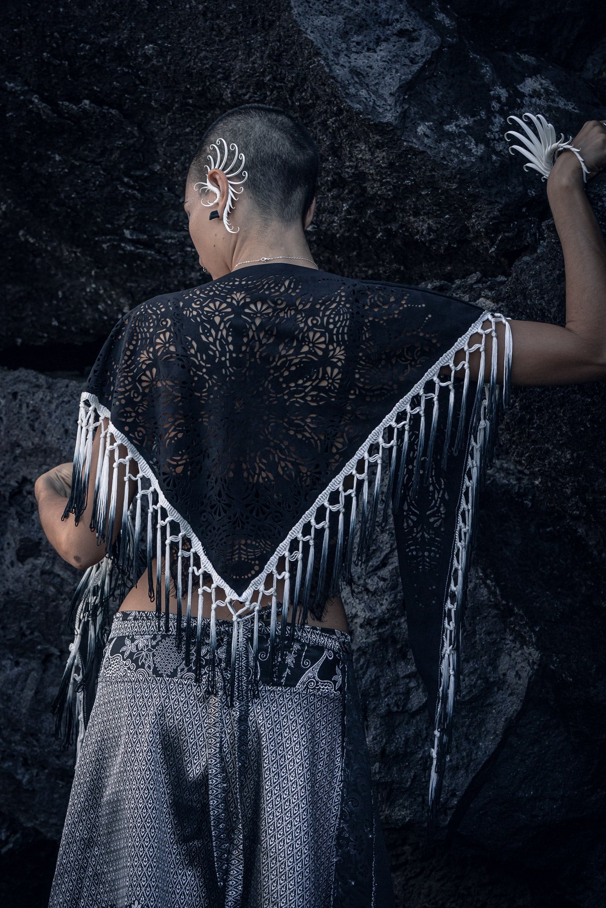 Black Mandala Fringe Shawl, Top & Skirt (3 in 1)