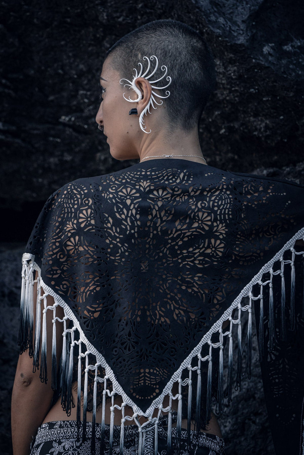 Black Mandala Fringe Shawl, Top & Skirt (3 in 1)