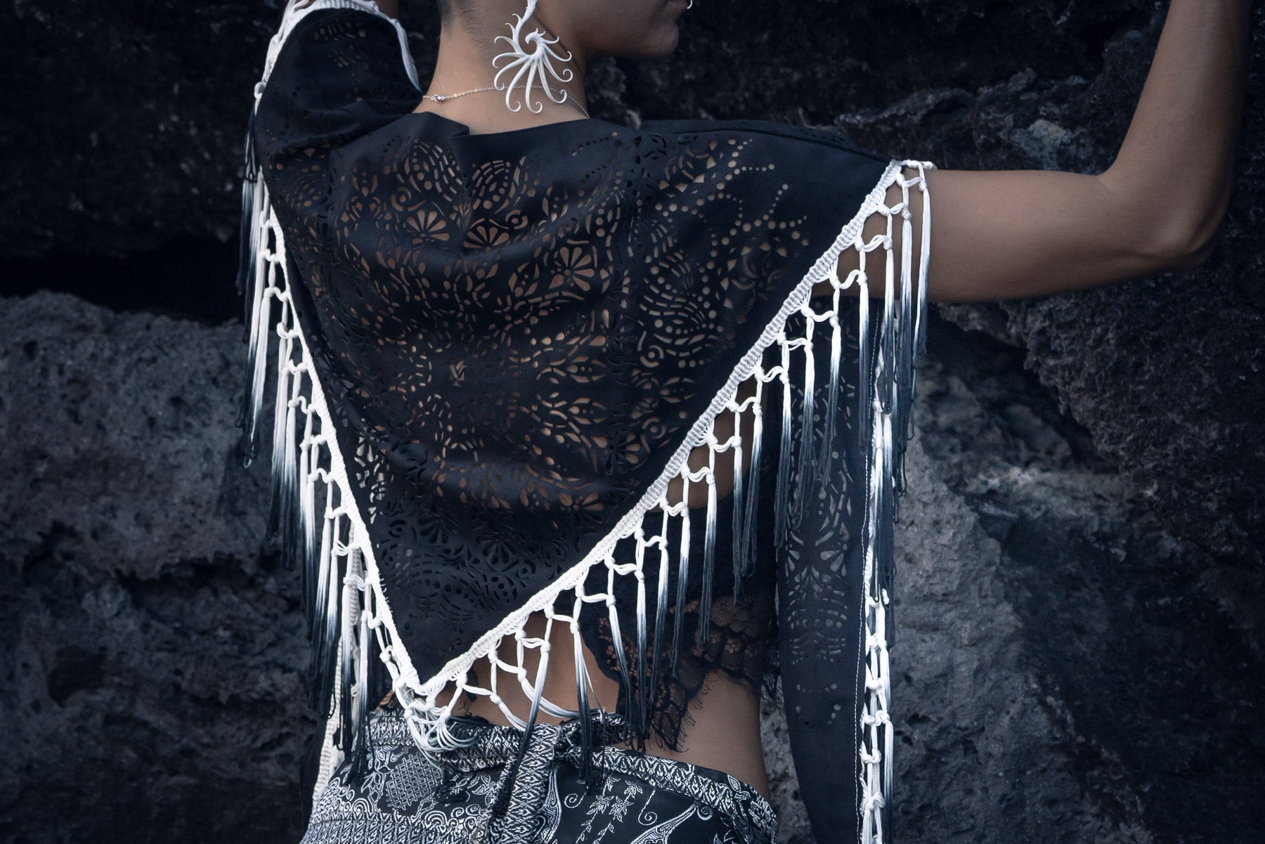 Black Mandala Fringe Shawl, Top & Skirt (3 in 1)