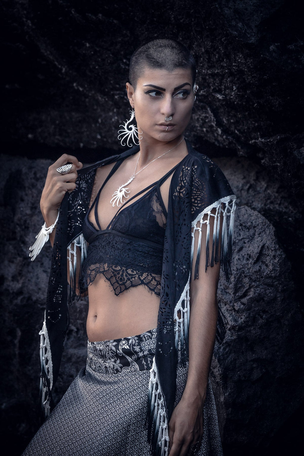 Black Mandala Fringe Shawl, Top & Skirt (3 in 1)