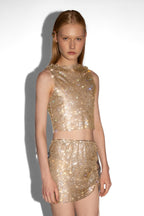 Crystal Embellished Fishnet Mini Skirt in Gold