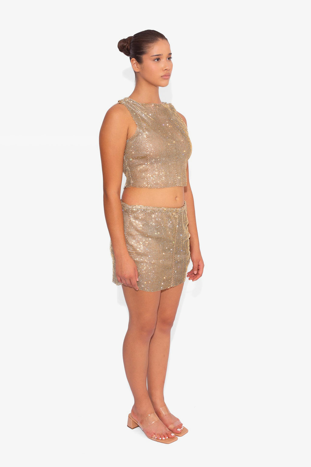 Crystal Embellished Fishnet Mini Skirt in Gold