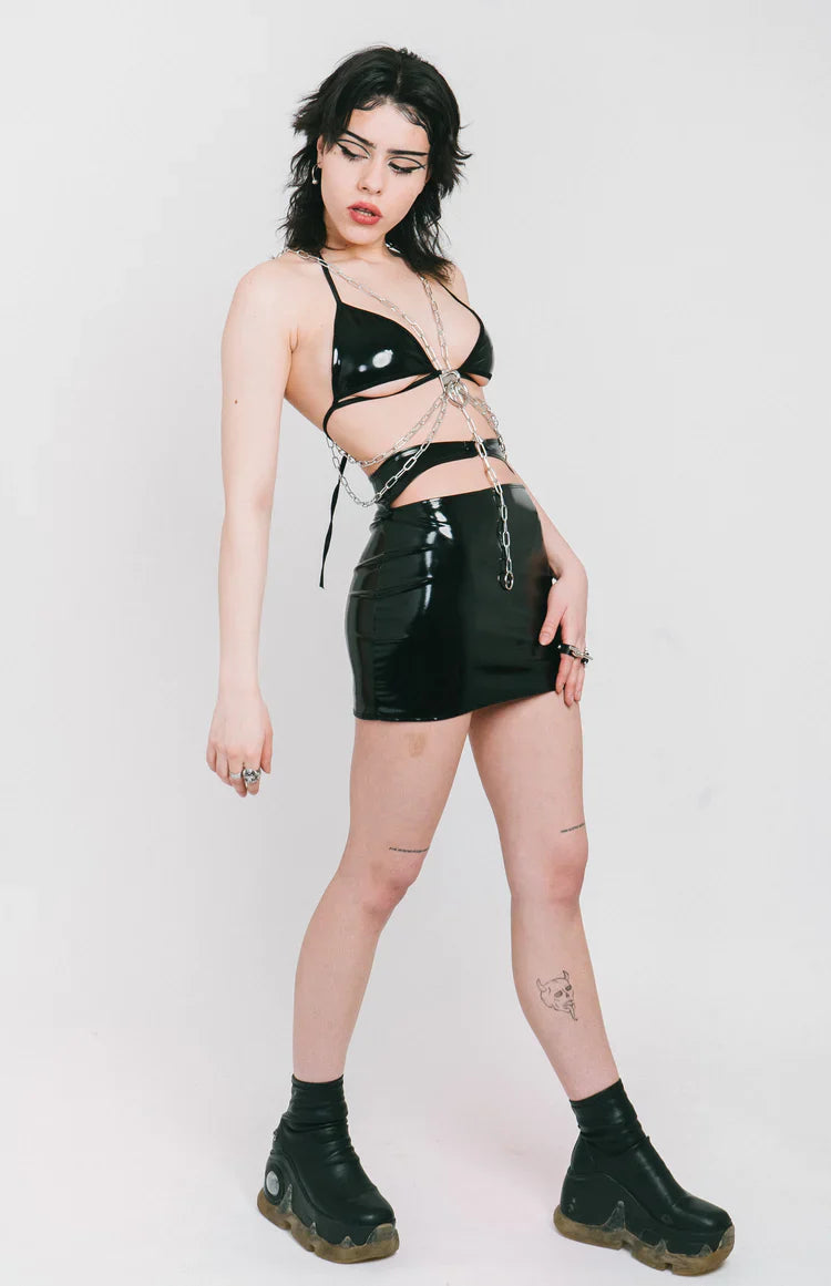 Ivy Berlin - Patent Skirt with Cut-Out and Piercing Detail – Black