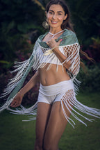 (4 in 1) Turquoise Mandala Fringe Shawl/Top/Skirt
