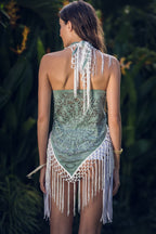 (4 in 1) Turquoise Mandala Fringe Shawl/Top/Skirt