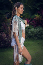 (4 in 1) Turquoise Mandala Fringe Shawl/Top/Skirt