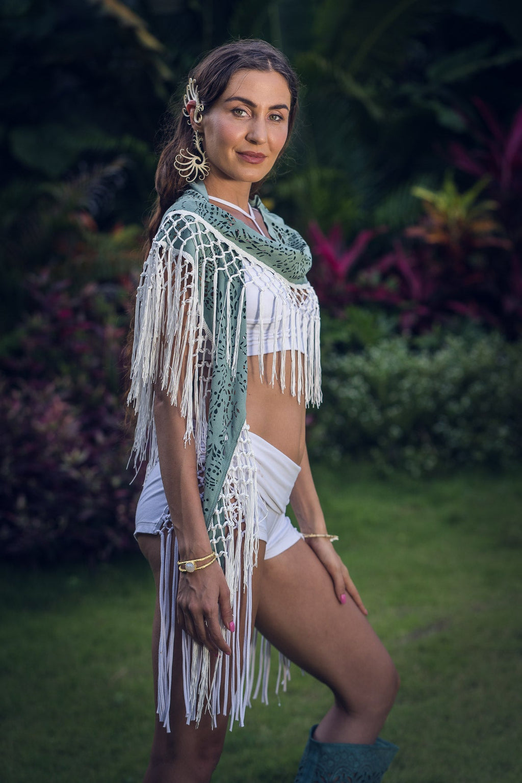 (4 in 1) Turquoise Mandala Fringe Shawl/Top/Skirt