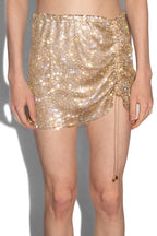 Crystal Embellished Fishnet Mini Skirt in Gold