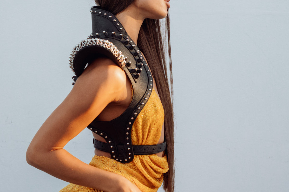 Helios Leather Beaded Bolero Jacket - Jet Black/Silver