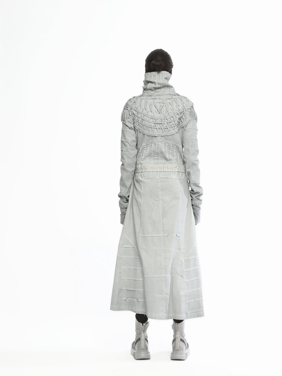 Long Women’s Futuristic Jacket With Piping Embroidery On Top