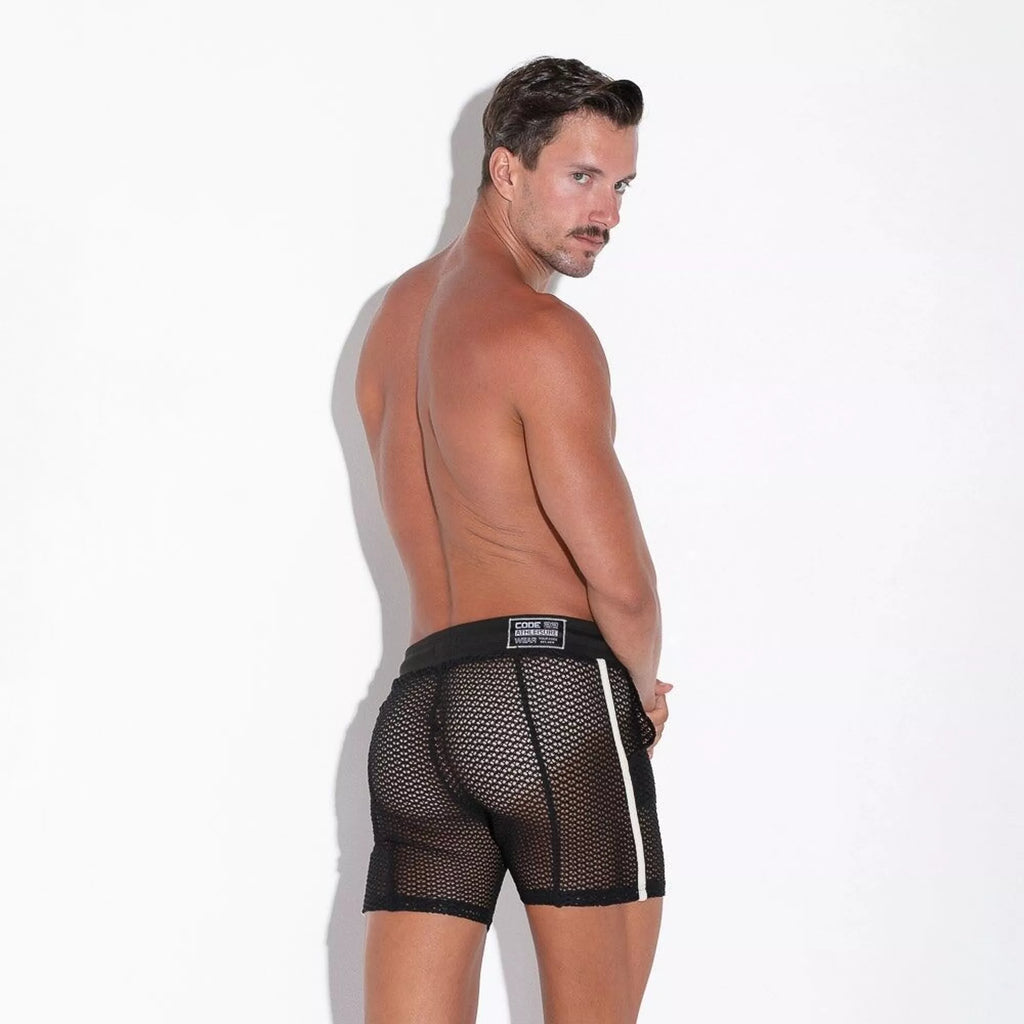 Code 22 - Fishnet Maxi Shorts – Black with White Stripe