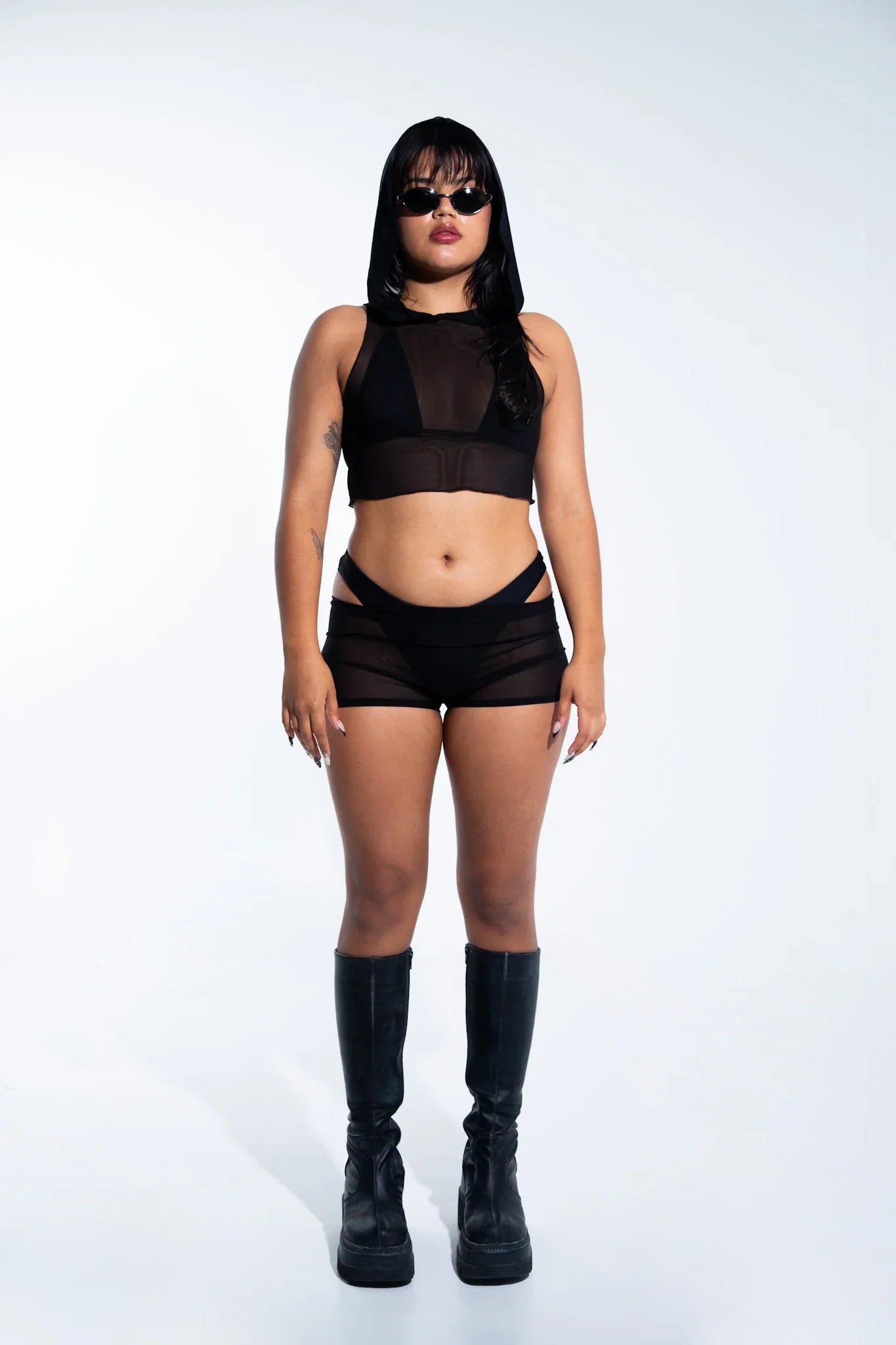 Rave with mi Gente - Mesh Hooded Crop Top - Black
