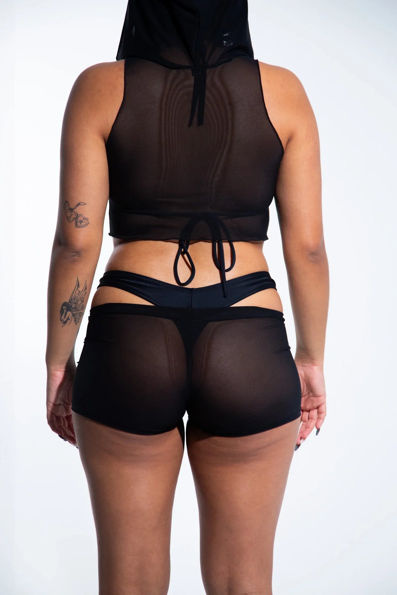 Rave with mi Gente - Mesh Hooded Crop Top - Black