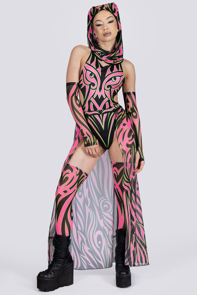 Devil Walking - Tribal Empress High Cut Bodysuit - Green and Pink