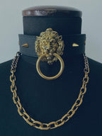 House of Marmol - Choker with golden lion's head, spikes and chain - Black, vegan leather and metal