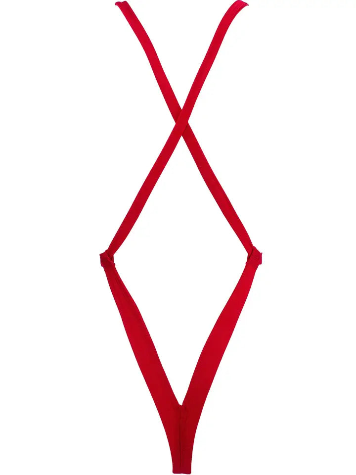 Exes Lingerie - Deep V-neck vinyl bodysuit - Red