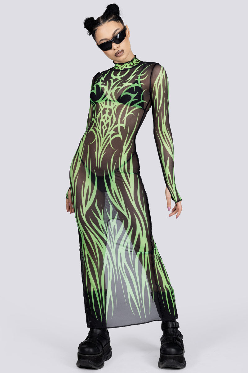 FAC Shop Amsterdam — Devil Walking Wicked Ritual Mesh Dress Long Sleeves (Green)