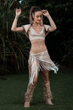 (4 in 1) Cream Laser Cut Mandala Fringe Shawl/Top/Skirt
