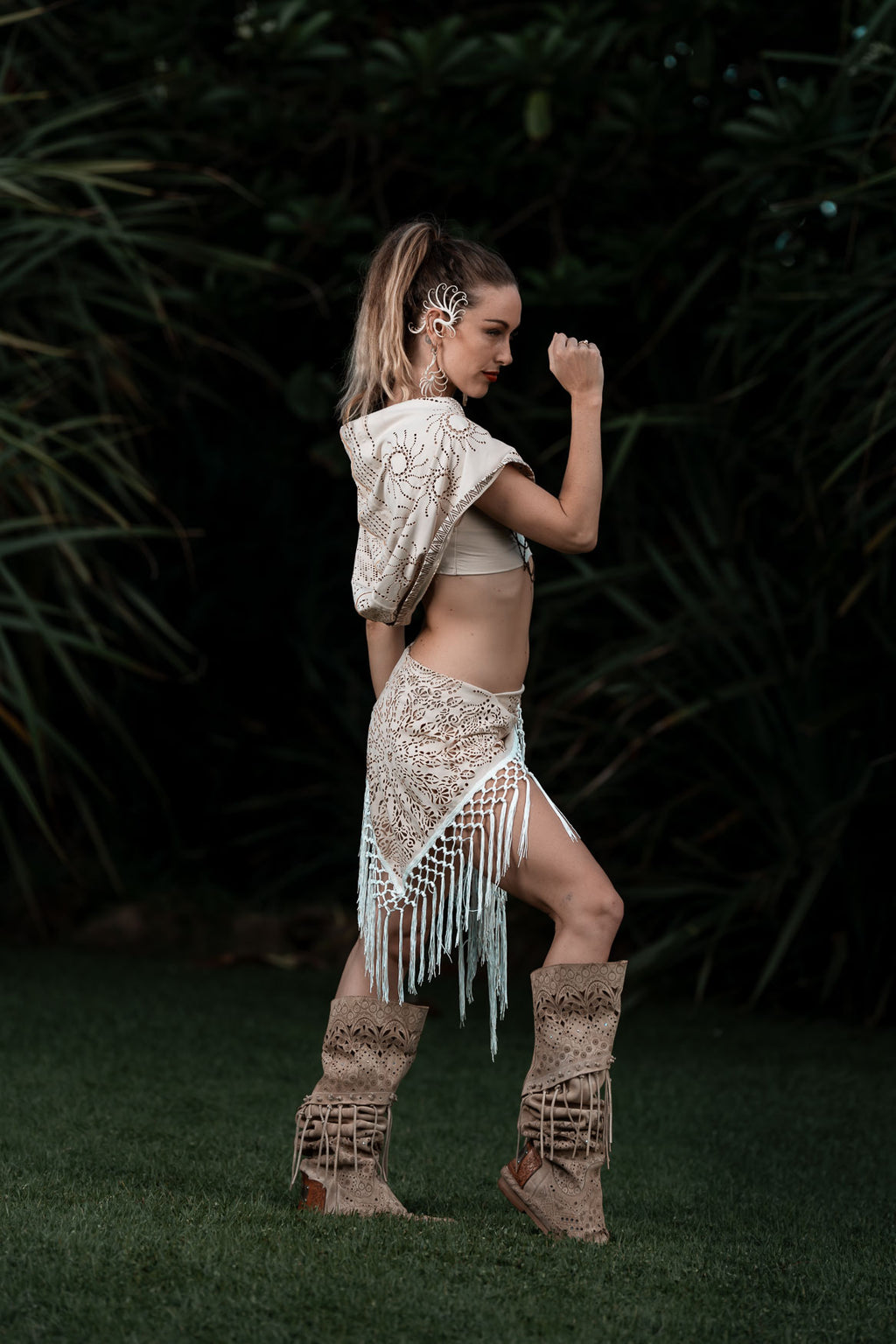 (4 in 1) Cream Laser Cut Mandala Fringe Shawl/Top/Skirt