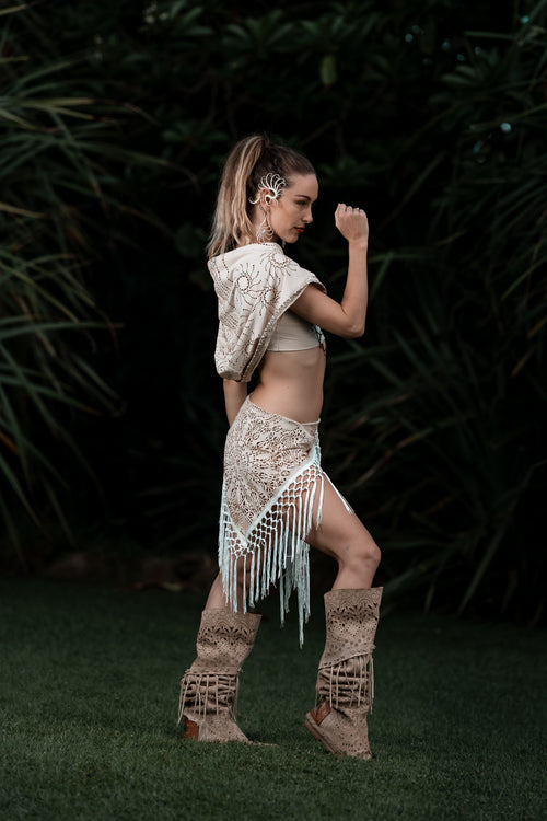(4 in 1) Cream Laser Cut Mandala Fringe Shawl/Top/Skirt